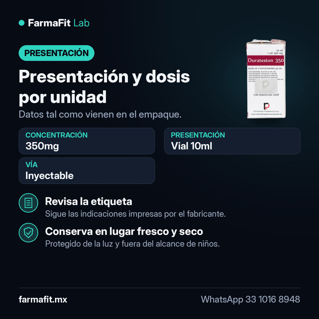Presentación y dosis por unidad: Testosterona 350mg Durateston 5 Ésteres Vial 10ml - ROTTERDAM PHARMACEUTICAL