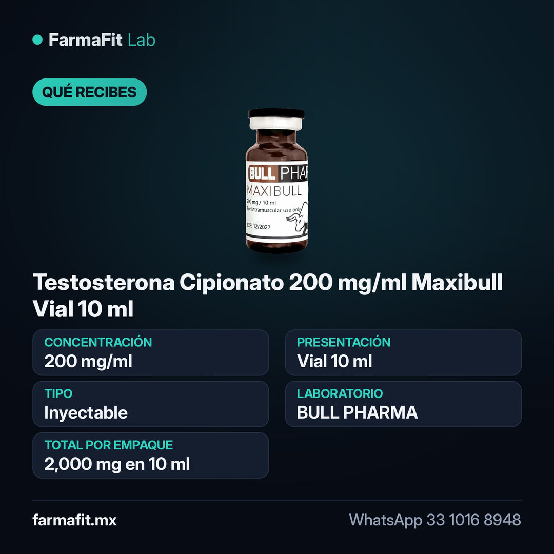 Qué recibes: Testosterona Cipionato 200 mg/ml Maxibull Vial 10 ml - BULL PHARMA