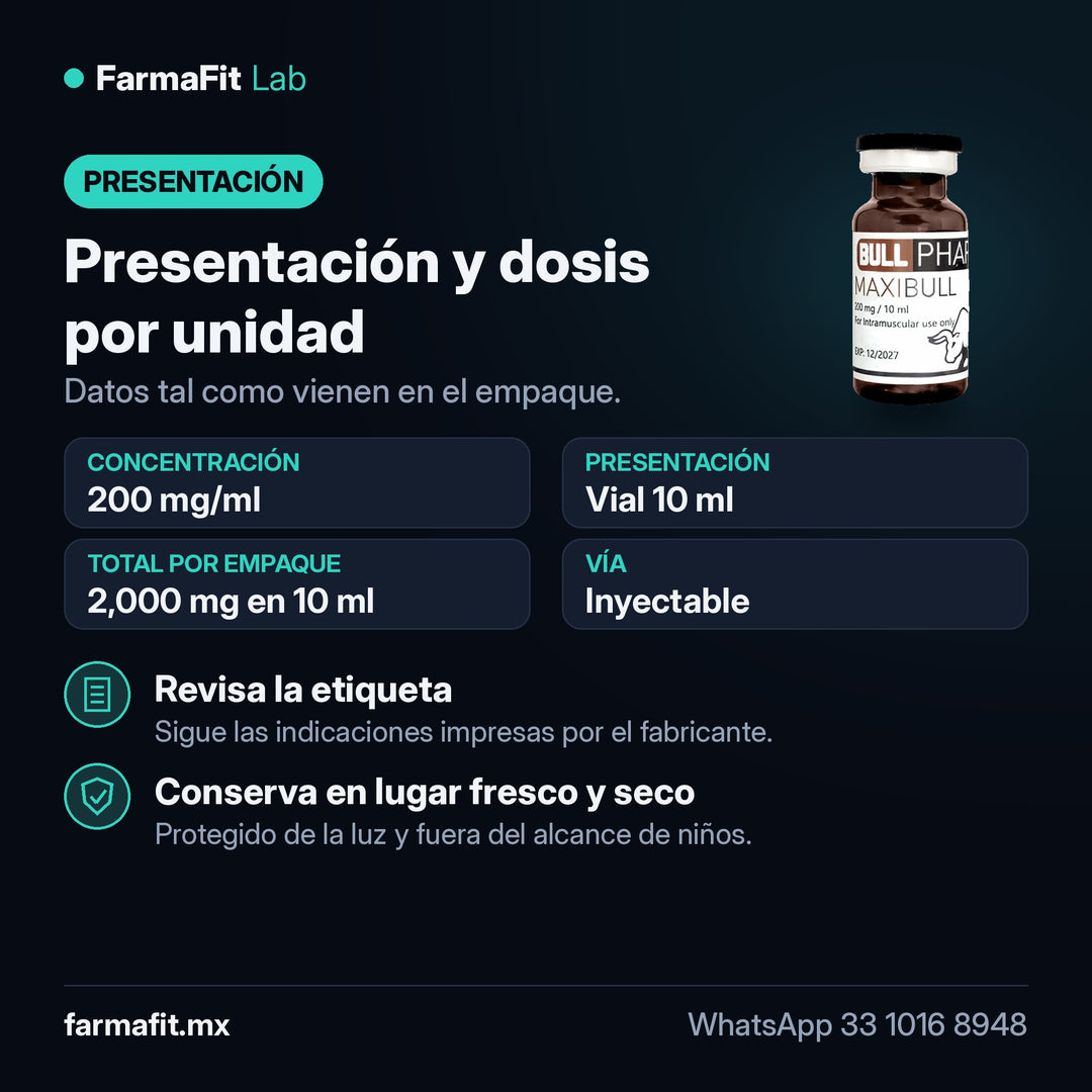 Presentación y dosis por unidad: Testosterona Cipionato 200 mg/ml Maxibull Vial 10 ml - BULL PHARMA