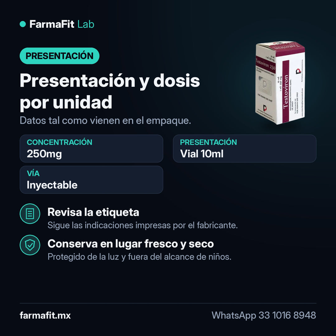 Presentación y dosis por unidad: Testosterona Enantato 250mg Testoviron Vial 10ml - ROTTERDAM PHARMACEUTICAL