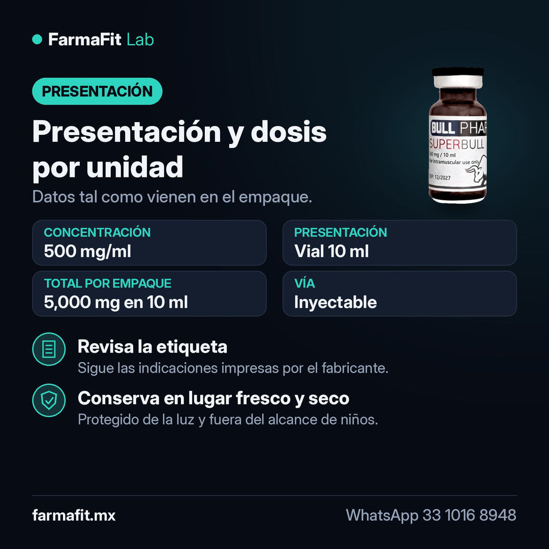 Presentación y dosis por unidad: Testosterona Mix 4 Ésteres 500 mg/ml Superbull Vial 10 ml - BULL PHARMA