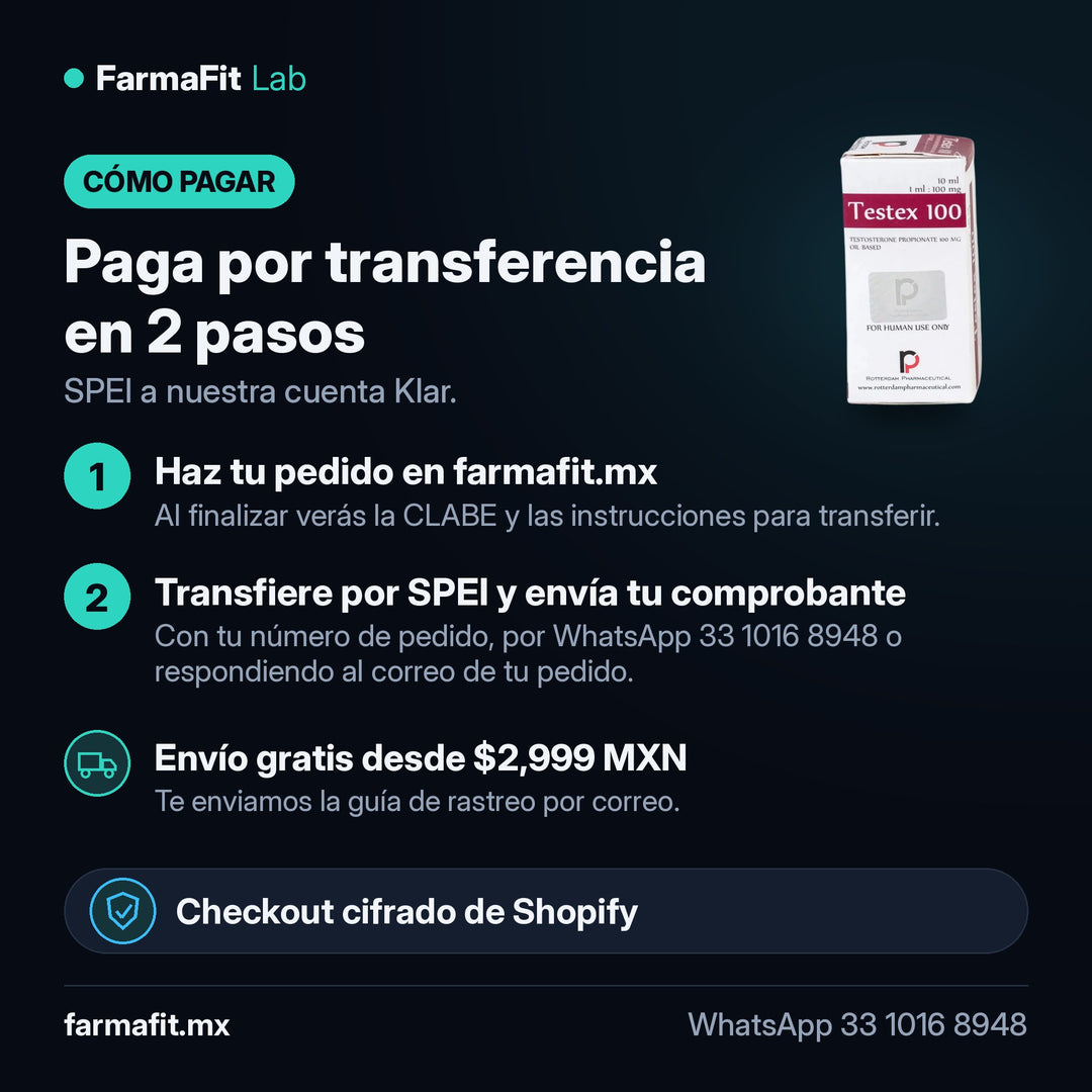 Cómo pagar por transferencia SPEI: Testosterona Propionato Testex 100mg Vial 10ml - ROTTERDAM PHARMACEUTICAL – FarmaFit