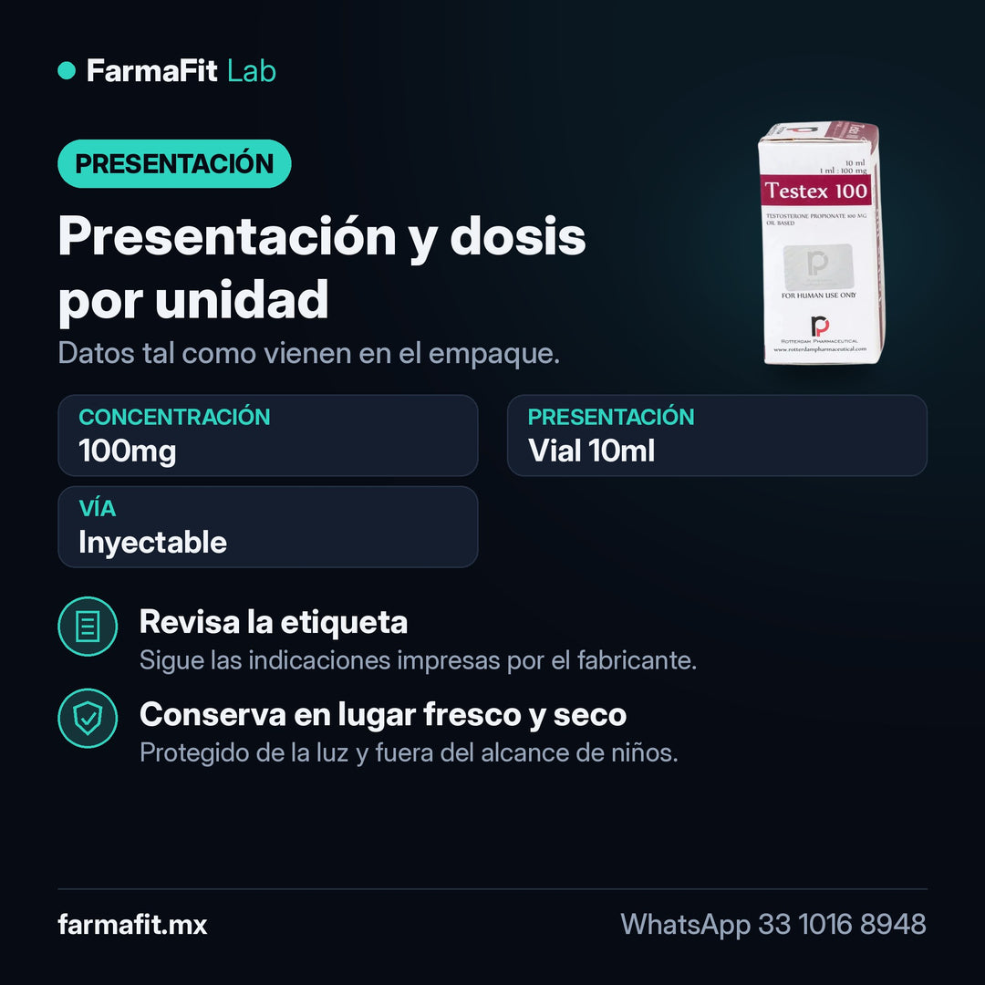 Presentación y dosis por unidad: Testosterona Propionato Testex 100mg Vial 10ml - ROTTERDAM PHARMACEUTICAL