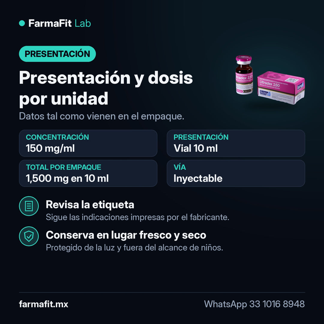 Presentación y dosis por unidad: Testosterona Propionato + Trembolona Propionato 150 mg/ml Ultradex Vial 10 ml - SCIROXX