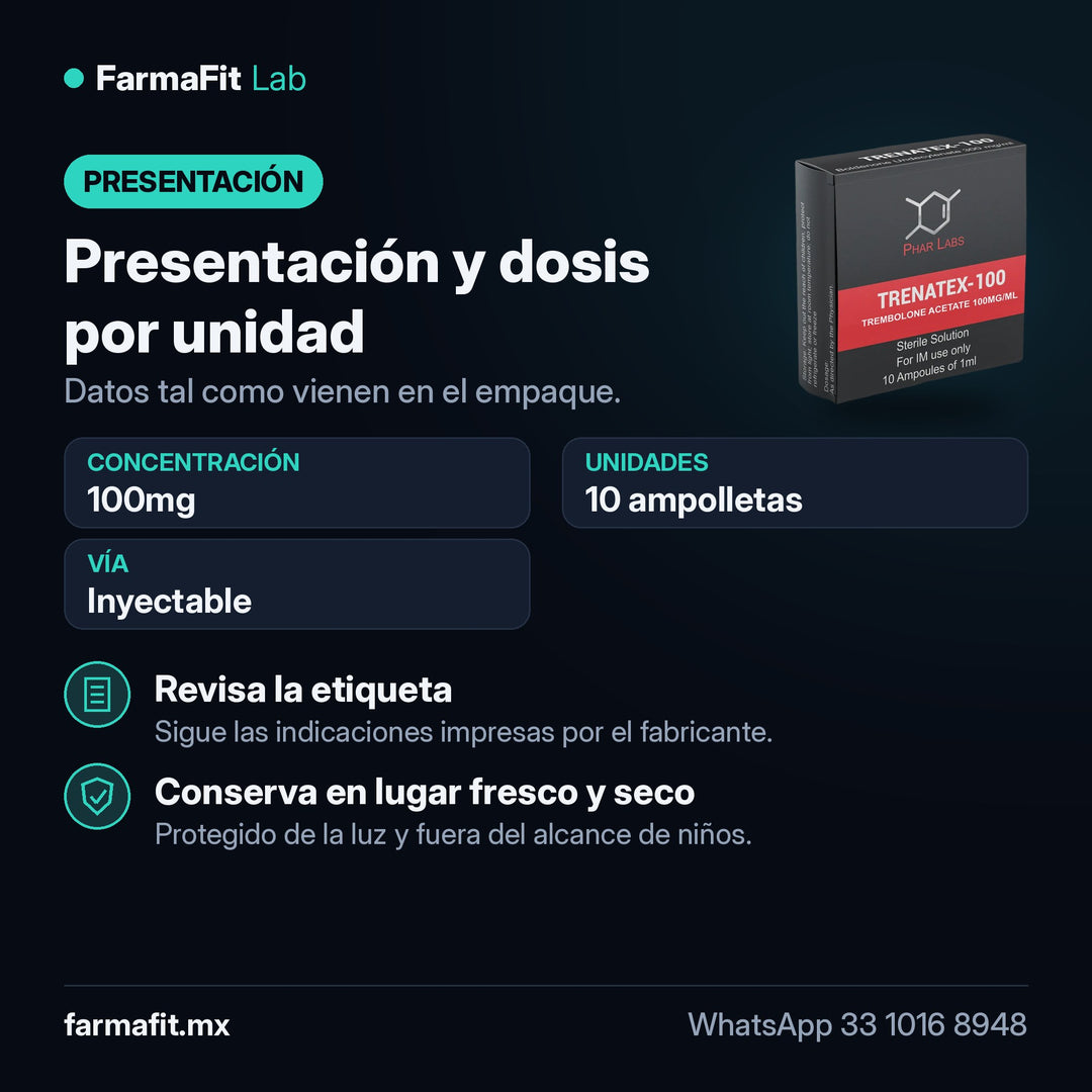 Presentación y dosis por unidad: Trembolona Acetato 100mg / 10 Ampolletas de 1ml Trenatex-100 - PHAR LABS