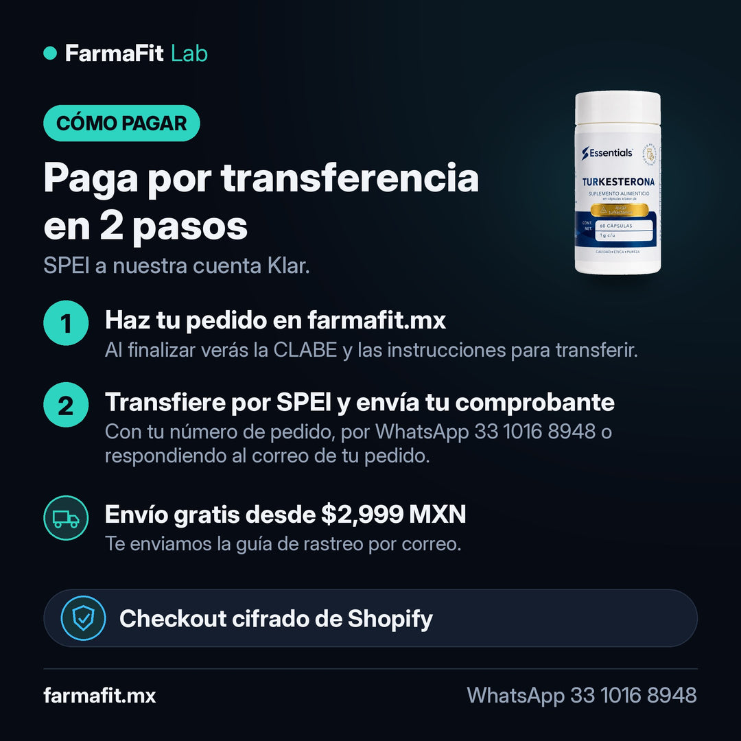 Cómo pagar por transferencia SPEI: Turkesterona 60 Cápsulas - ESSENTIALS – FarmaFit