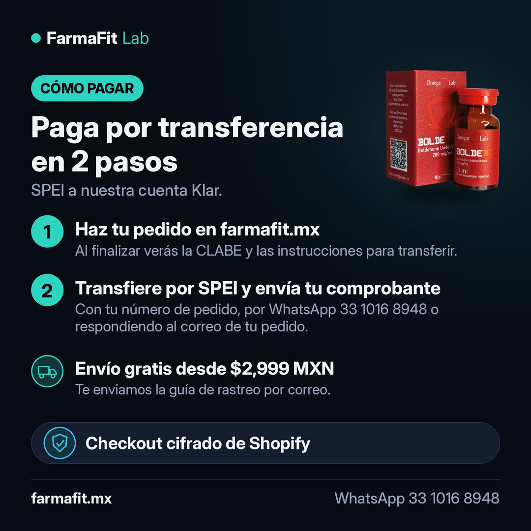 Cómo pagar por transferencia SPEI: Undecilenato de Boldenona 200 mg/ml Boldebold 200 Vial 10 ml - OMEGA LAB – FarmaFit