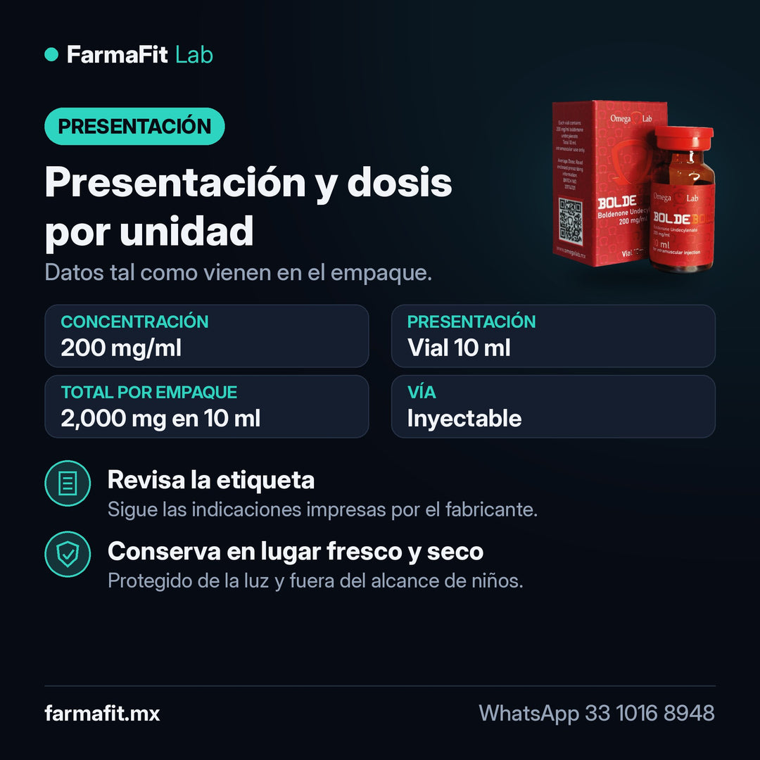 Presentación y dosis por unidad: Undecilenato de Boldenona 200 mg/ml Boldebold 200 Vial 10 ml - OMEGA LAB