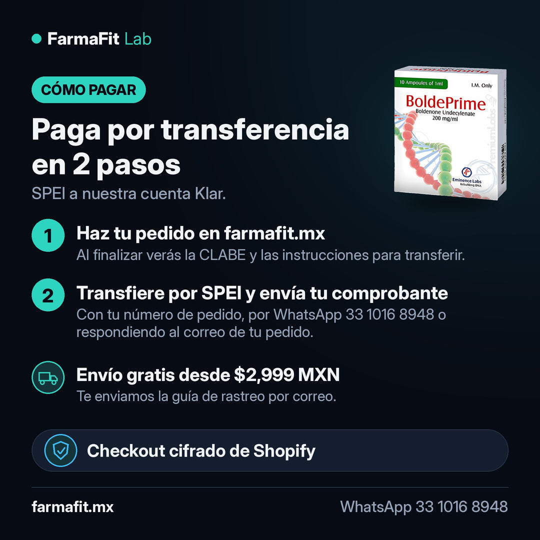 Cómo pagar por transferencia SPEI: Undecilenato de Boldenona 200 mg/ml BoldePrime 10 Ampolletas de 1 ml - EMINENCE LABS – FarmaFit