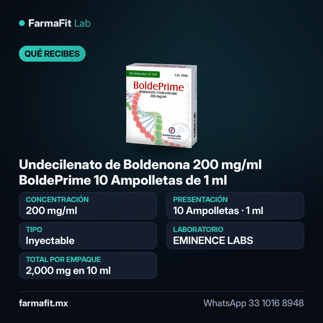 Qué recibes: Undecilenato de Boldenona 200 mg/ml BoldePrime 10 Ampolletas de 1 ml - EMINENCE LABS