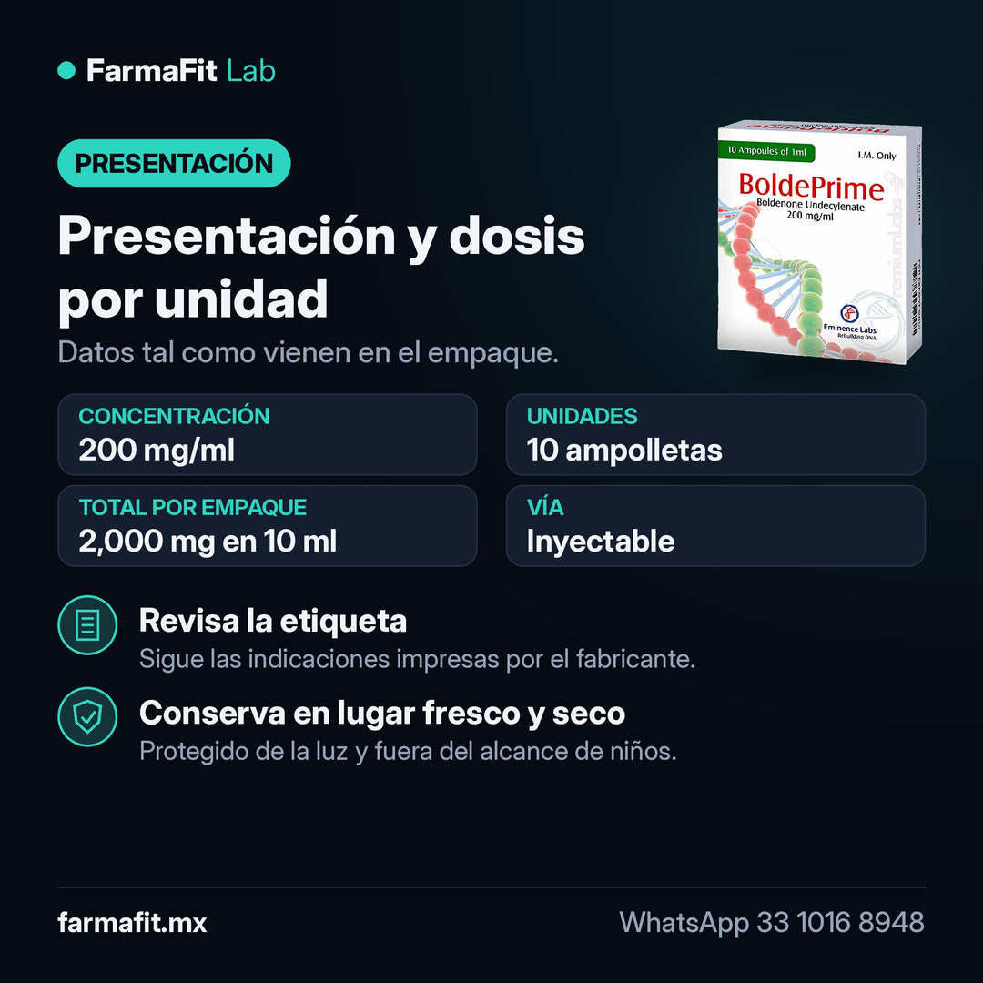 Presentación y dosis por unidad: Undecilenato de Boldenona 200 mg/ml BoldePrime 10 Ampolletas de 1 ml - EMINENCE LABS
