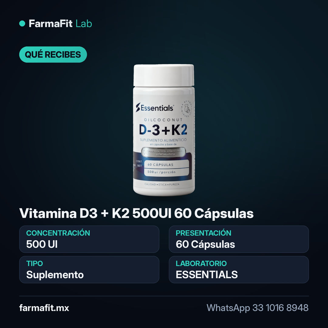 Qué recibes: Vitamina D3 + K2 500UI 60 Cápsulas - ESSENTIALS