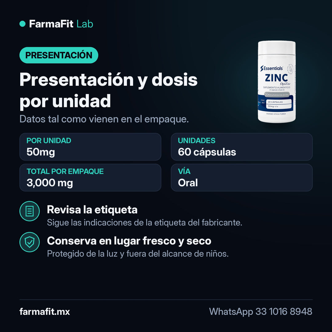 Presentación y dosis por unidad: Zinc OptiZinc 50mg 60 Cápsulas - ESSENTIALS