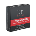 Una elegante caja negra y roja con la etiqueta Trenatex-100 - PHAR LABS muestra una estructura química con el texto Trenbolona Acetato 100 MG/ML, lo que indica que se trata de una solución estéril para uso intramuscular. Tiene 10 ampollas de 1 ml y advierte contra su uso sin prescripción médica. Fabricado por Phar Labs, marca Get Fit México.