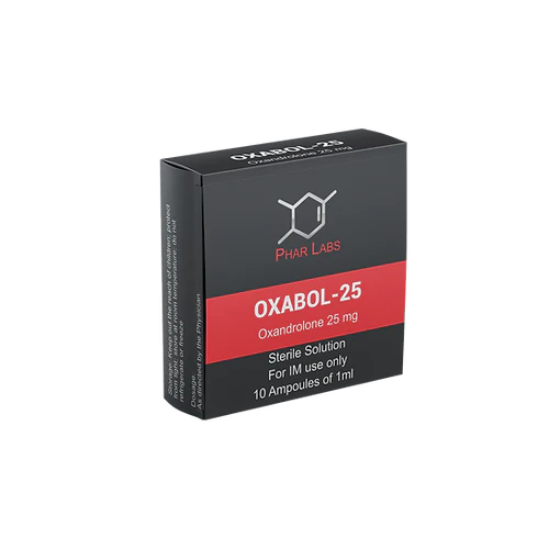 Caja de Oxabol 25 de Phar Labs, etiquetada como Oxandrolona 25mg, de Get Fit México, contiene una solución estéril para uso intramuscular con 10 ampolletas de 1 ml cada una. El empaque tiene un diseño en negro y rojo con un gráfico molecular encima del nombre de la marca.